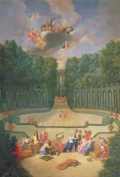 Die Haine von Versailles. Blick auf das Amphitheater und das Wassertheater mit Venus umgeben von den Stunden in Anwesenheit von Uranus
